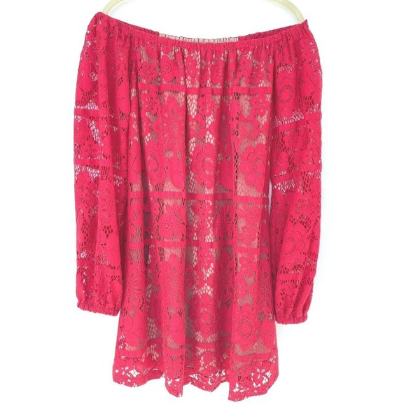 For Love & Lemons Red Daphne Lace Off-Shoulder Long Sleeve Dress Women Sz S $320 - Picture 4 of 12